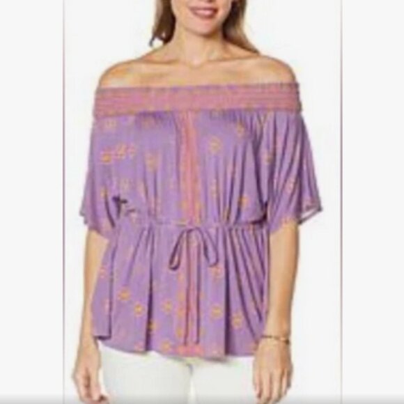 Colleen Lopez Tops - Colleen Lopez Off-The-Shoulder Smocked Neck Peplum Boho Top, Oversize L, NWOT